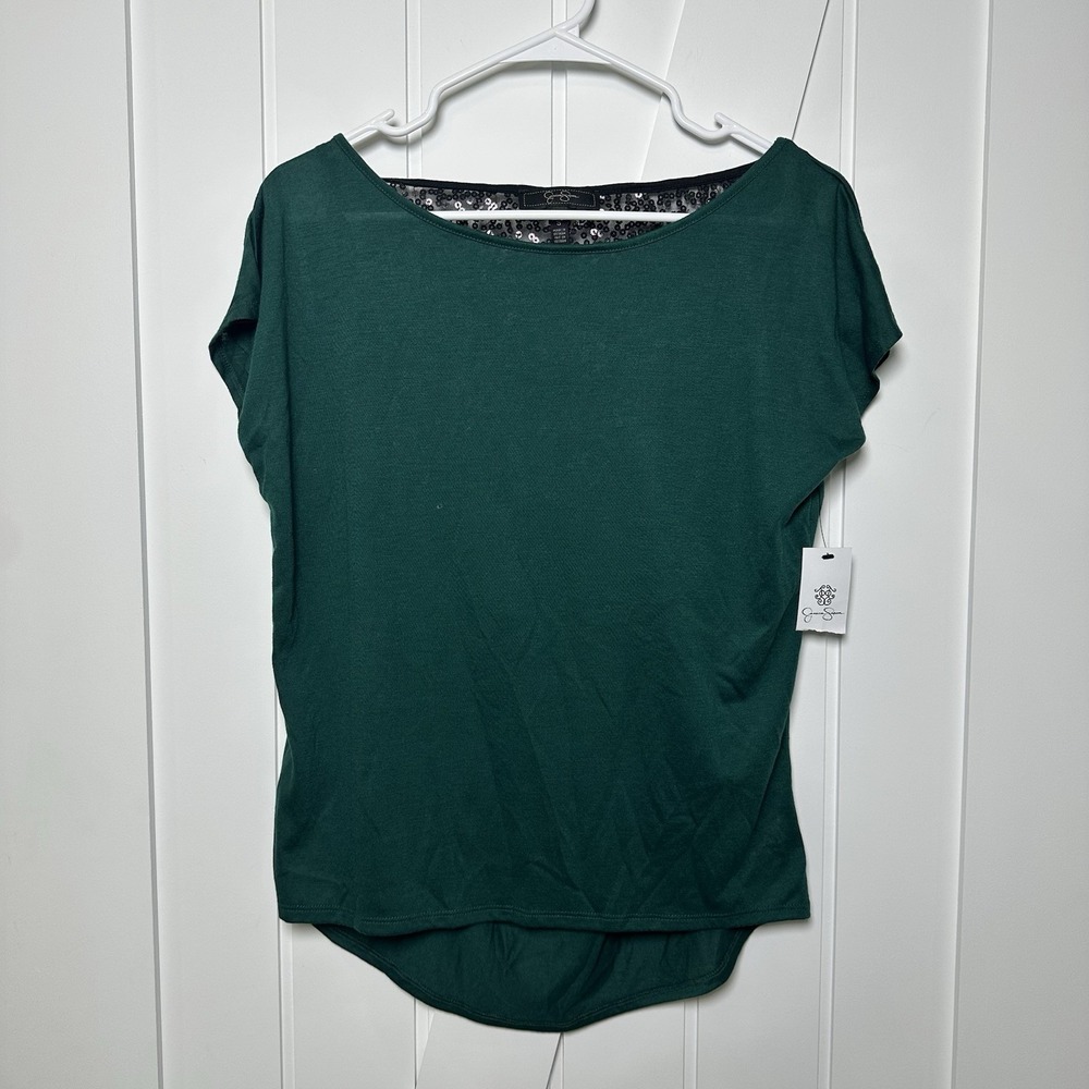 Jessica Simpson Women's Green Top Short Sleeve Sequins Back Size Small NWT